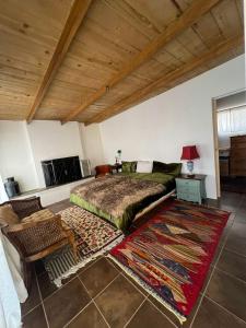 a bedroom with a large bed and a rug at Inviting & Elegant Beach House in San Miguel