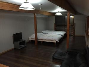 een slaapkamer met een bed en een tv. bij Chalet 別邸しろうま in Hakuba