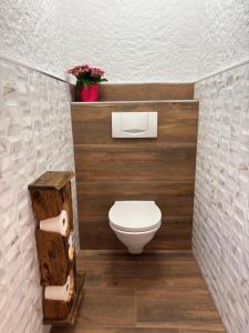 bagno con servizi igienici e fiori sul muro di Biobergbauernhof Bergzeit Apartment in Goldegg a Goldegg