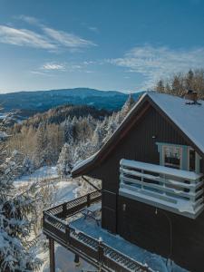 a cabin in the snow with a view of the mountains at Alemiło - uroczy dom z balią i widokiem na Babią Górę in Zawoja