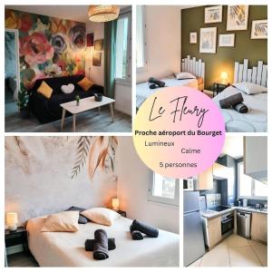 a collage of pictures of a room with two beds at Le Fleury appartement moderne 2 chambres, à côté du salon du Bourget in Le Blanc-Mesnil
