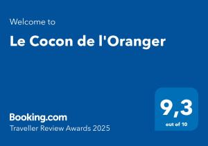 Vottorð, verðlaun, skilti eða annað skjal til sýnis á Le Cocon de l'Oranger