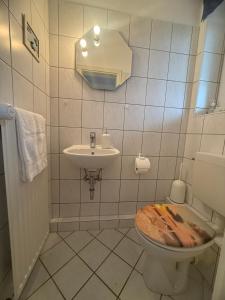 a bathroom with a toilet and a sink at Bei den Leuchttürmen in Fehmarn
