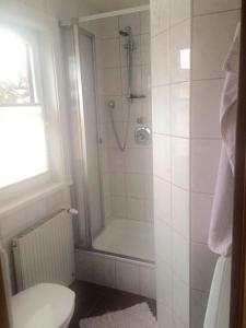 a bathroom with a shower and a toilet at Pension Kuntschner in Mittersill