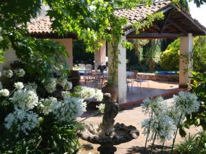 un giardino con fiori bianchi e una fontana di Villa Iolanda a Giarre