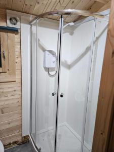 a shower with a glass door in a bathroom at The Cosy Cabin in Old Windsor +17 photos