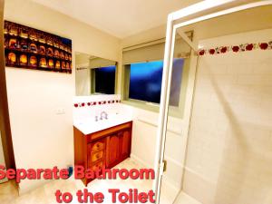 a bathroom with a sink and a shower at Daylesford A Very Quiet ABELIA COTTAGE BOTANICAL COTTAGE 10 min walk town in Daylesford