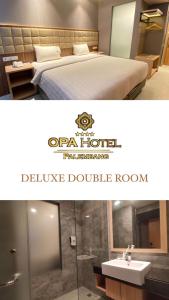 a hotel room with a bed and a sink at OPA Hotel Palembang in Sukarami