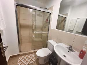 a bathroom with a shower and a toilet and a sink at Family Apartment in San Francisco in Panama City +19 photos