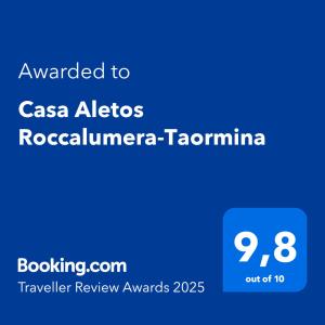 Certifikát, hodnocení, plakát nebo jiný dokument vystavený v ubytování Casa Aletos Roccalumera-Taormina