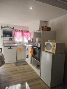 a small kitchen with a microwave and a refrigerator at Douce Escale - Agen sud, T2, RDJ, clim réversible, proche ENAP in Agen