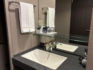 a bathroom with a sink and a mirror at Dormy Inn Premium Hakata Canal City Mae in Fukuoka +106 photos