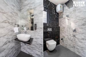 two pictures of a bathroom with a toilet and a sink at StayVista at Blisswood Cottage with Pool & Bar in Nashik