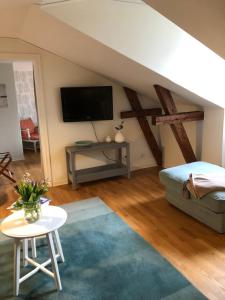a living room with a couch and a flat screen tv at Fredensborgs Herrgård in Vimmerby