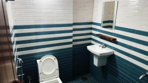 a blue and white bathroom with a toilet and a sink at BLUE SOPHY Residency in Varkala +32 photos