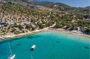 an aerial view of a beach with a boat in the water at Anthi Villa in Alyki