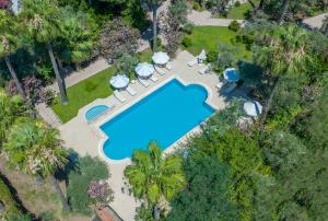 an overhead view of a swimming pool in a park with palm trees at Chillos Beach in Marmaris