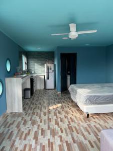 a blue room with a bed and a kitchen at El Oceano in Puerto Madryn