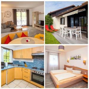 a collage of pictures of a kitchen and a living room at Ferienhaus Nr 49, Kategorie Premium, Feriendorf Hochbergle, Allgäu in Lechbruck