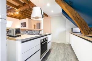 a kitchen with white appliances and wooden ceilings at LA Plume aux pieds du Parvis Saint Jean in Dijon
