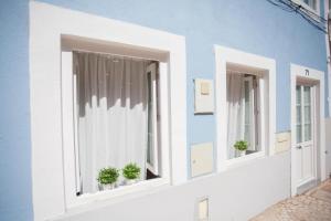 un edificio con tre finestre con piante al loro interno di Barreiro Charming House a Barreiro