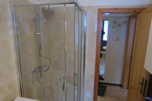 une douche avec une porte vitrée dans une salle de bain dans l'établissement Appartamento Aurora, à Molina di Ledro 16 autres photos