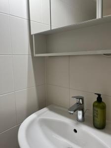 a bathroom sink with a soap dispenser and a mirror at Studios Harrachgasse FIVE in Graz