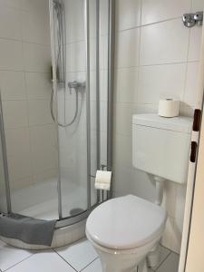 a bathroom with a toilet and a shower at Studios Harrachgasse FIVE in Graz