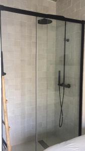 a shower with a glass door in a bathroom at Unique Townhouse with rooftop pool in Estepona +32 photos