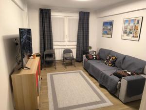 a living room with a gray couch and a tv at Casa Matías in Villarcayo +1 photo