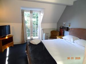 Un dormitorio con una cama grande y un televisor. en Donington Manor Hotel, en Castle Donington