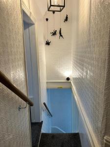 a stairway with a blue door and some animals on the wall at Penchwintan in Bangor