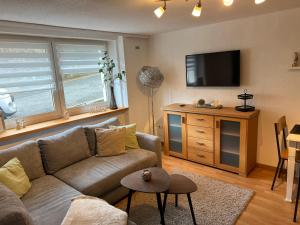 ein Wohnzimmer mit Couch und Flachbildfernseher in der Unterkunft Ferienwohnung Rösler in Niederfüllbach