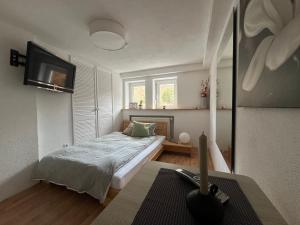 ein kleines Schlafzimmer mit einem Bett und einem Fernseher in der Unterkunft Ferienwohnung Rösler in Niederfüllbach