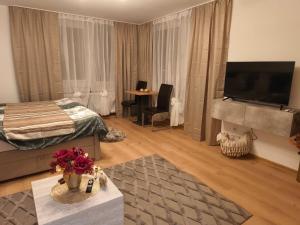 Una televisión o centro de entretenimiento en Ferienwohnung Aggelina