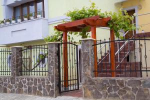 a building with a gate with potted plants on it at Cosbuc Residence & Villa in Sighişoara +34 photos