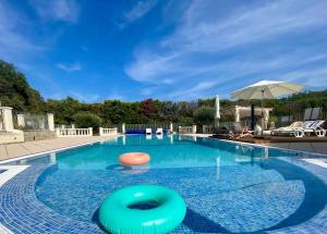 een groot zwembad met een oranje bal en een paraplu bij LES TERRASSES DE VALERIAN in Brignoles