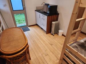una stanza con una sedia e una cassettiera con un microonde di The Nightly Stay - Studio Cabin a Guildford