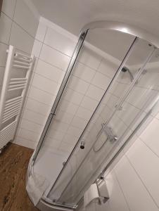 a shower with a glass door in a bathroom at Pension Neue Linde in Alsfeld +39 photos