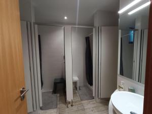 a bathroom with a shower and a white sink at Cachinnans Hostel & Apartments in Vila do Conde