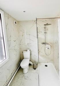 a white bathroom with a toilet and a shower at La Villa Champagne - Proche du Centre, Paris, Aéroport CDG et Parc Exposition Villepinte in Tremblay-En-France