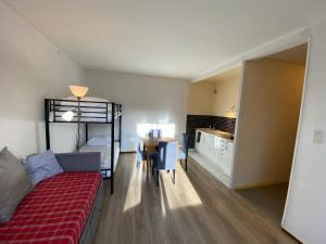 ein Wohnzimmer mit Couch und Tisch und eine Küche in der Unterkunft Charmant studio à Laguiole avec vue montagne 27 m² in Laguiole