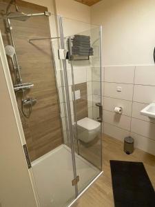 a bathroom with a glass shower with a toilet at Ferienwohnungen Obert in Karlstadt