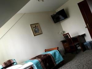a bedroom with a bed and a tv on the wall at Dworek w Dawnej Szkole in Sieradz