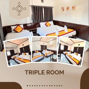 a collage of three pictures of a hotel room at Jungle Backpackers View in Vang Vieng
