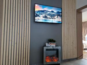 a living room with a tv on a wall with a fireplace at Vila Timeea in Statiunea Borsa