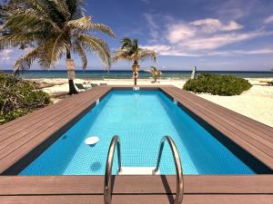 a swimming pool on the beach next to the ocean at Featherstone Downstairs Apartment, Cayman Brac in Cayman Brac