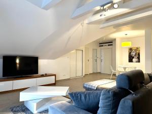 un soggiorno con divano e TV a schermo piatto di Stubai Apartment - Self check-in 20h - parking & lift a Sienna