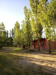 ロデオにあるCabañas Zorzal Rodeoの赤い建物の隣の畑のピクニックテーブル