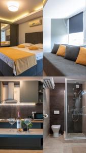 3 imágenes de una habitación de hotel con cama y baño en Corso Apartments B&B, en Focşani
